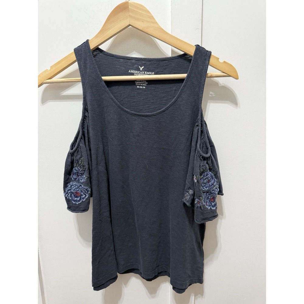 American Eagle Cold Shoulder Top Blouse Navy Sz Large Embroidered Detail Boho
